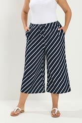 YOURS Plus Size Navy Blue Striped Crinkle Culottes | Yours Clothing 3