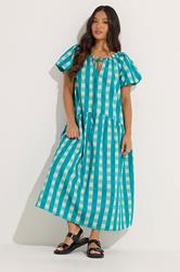 PixieGirl Petite Women's Teal Green Check Cotton Tie Neck Maxi Dress | PixieGirl 1