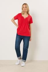 M&Co Bright Red Cotton Short Sleeve Henley Top | M&Co 2