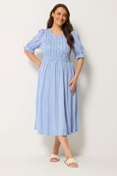 YOURS Plus Size Blue Shirred Stripe Dress | Yours Clothing 1