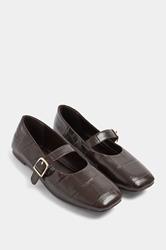 Chocolate Brown Croc Buckle Detail Mary Jane Flats In Wide E Fit