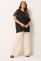 YOURS Curve Black Crochet Sleeve Boxy T-Shirt | Yours Clothing 1