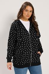 YOURS Plus Size Black Polka Dot Zip Through Raglan Hoodie | Yours Clothing 1