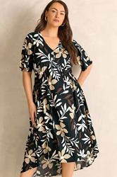 EVANS Plus Size Black Leaf Print Dipped Hem Dress | Evans 1