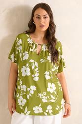 EVANS Plus Size Chartreuse Floral Print Bar Detail Top | Evans 1