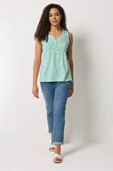M&Co White & Green Leaf Print Cotton Sleeveless Henley Top  1