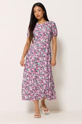 M&Co Petite Berry Purple Floral Short Sleeve Midi Dress | M&Co 1