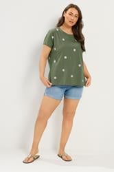 YOURS Plus Size Khaki Green Embroidered Daisy T-Shirt | Yours Clothing 2