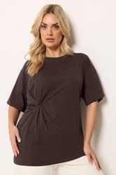 YOURS Plus Size Chocolate Brown Twist Front T-Shirt | Yours Clothing 3