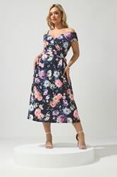 YOURS LONDON Plus Size Navy Blue Bardot Floral Skater Dress | Yours Clothing 1