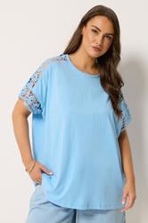 YOURS Curve Blue Crochet Sleeve Boxy T-Shirt | Yours Clothing 3