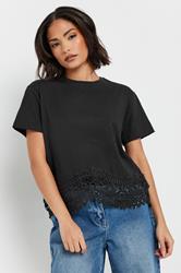 PixieGirl Petite Women's Black Crochet Hemline Cotton T-Shirt | PixieGirl 3