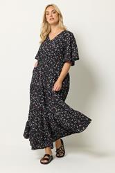 YOURS Plus Size Black Ditsy Floral Textured Maxi Dress | Yours Clothing 1