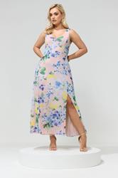 YOURS LONDON Plus Size Pink Mesh Floral Print Sleeveless Maxi Dress | Yours Clothing 1