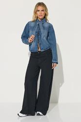 PixieGirl Petite Women's Blue Denim Tie Neck Cotton Shirt | PixieGirl 3