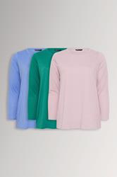 YOURS Plus Size 3 PACK Green & Blue Long Sleeve T-Shirts | Yours Clothing  3