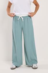PixieGirl Petite Women's Blue Contrast Waist Wide Leg Trousers | PixieGirl 1