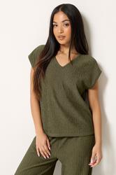 M&Co Petite Khaki Green Textured V Neck T-Shirt | M&Co 3