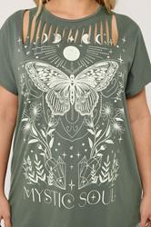 YOURS Plus Size Khaki Green  'Mystic Soul' Laser Cut Slogan T-Shirt | Yours Clothing 5