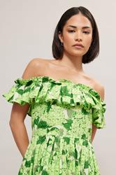 PixieGirl Petite Women's Green Floral Ruffle Cotton Bardot Midi Dress | PixieGirl 2