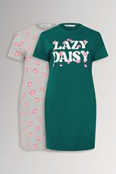 YOURSET Plus Size 2 PACK Green 'Lazy Daisy' Slogan Printed Nightdresses | Yours Clothing 3