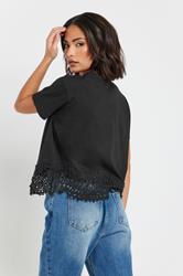 PixieGirl Petite Women's Black Crochet Hemline Cotton T-Shirt | PixieGirl 2