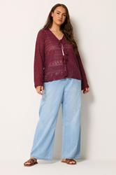 YOURS Plus Size Burgundy Red Pointelle Knitted Tie Cardigan | Yours Clothing 1