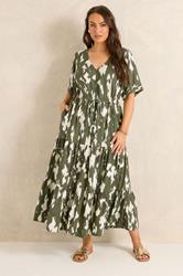 EVANS Plus Size Khaki Green Abstract Placket Dress | Evans 2