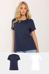 M&Co 2 PACK White and Navy Blue Cotton Crew Neck T-Shirts | M&Co 3