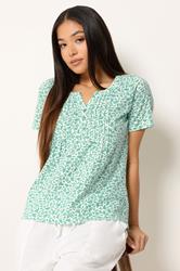 M&Co Petite White & Green Leaf Print Cotton Henley Top | M&Co 3