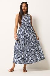 M&Co Petite Navy Blue Leaf Print Tiered Cotton Maxi Dress | M&Co 3