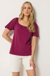 LTS Tall Women's Berry Red Embroidered Sleeve Cotton Top | Long Tall Sally 3
