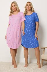 YOURSET 2 PACK Plus Size Pink Soft Touch Palm Tree Nightdresses | Yours Clothing 1