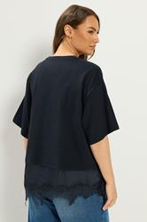 YOURS Plus Size Navy Blue Satin Lace Trim T-Shirt | Yours Clothing 2