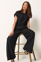 PixieGirl Petite Women's Set Black Textured Short Sleeve Top & Wide Leg Trousers | PixieGirl 1