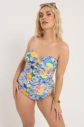 YOURS Plus Size Blue Mediterranean Tile Bandeau Swimsuit | Yours Clothing 1