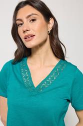 M&Co Teal Blue Lace Trim V-Neck Cotton T-Shirt | M&Co 4