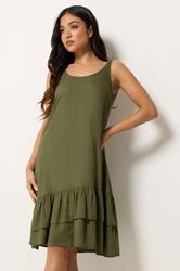 PixieGirl Petite Women's Khaki Green Asymmetric Frill Midi Dress | PixieGirl 3