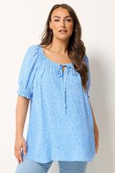 YOURS Plus Size Blue Ditsy Floral Tie Neck Blouse | Yours Clothing 3