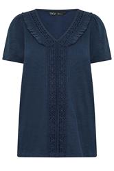 M&Co Petite Navy Blue Short Sleeve Frill Cotton Blouse