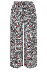 YOURS Curve Black Leopard & Cherry Print Crinkle Beachwear Wide Leg Trousers