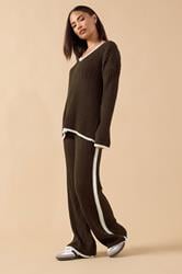 PixieGirl Petite Women's Chocolate Brown Knitted Side Stripe Trousers | PixieGirl 3