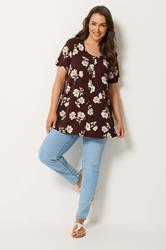 YOURS Plus Size Brown Floral Button Front Ribbed Swing Top | Yours Clothing 1