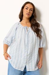 YOURS Plus Size Blue Stripe Tie Neck Top | Yours Clothing 3