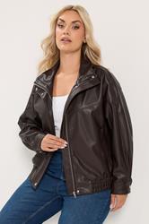 YOURS Curve Chocolate Brown Faux Leather Funnel Neck Jacket