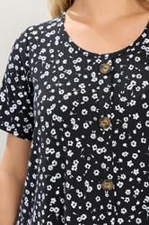 YOURS Plus Size Black & White Ditsy Floral Ribbed T-Shirt | Yours Clothing 4