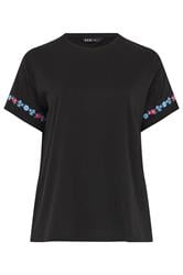 YOURS Curve Black Embroidered Floral Sleeve Detail T-Shirt