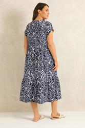 EVANS Plus Size Navy Blue Abstract Print Notch Neck Cotton Midi Dress | Evans 2