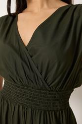 PixieGirl Petite Women's Olive Green Wrap Midi Dress | PixieGirl 4