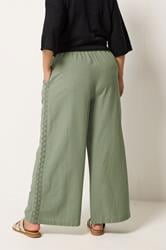 YOURS Plus Size Khaki Green Crochet Detail Linen Trousers | Yours Clothing 2